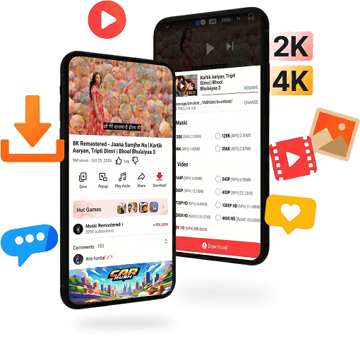 VidMate app showing video detail and download format options on two phones